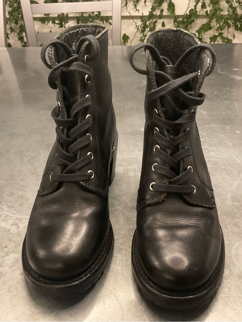 Frye Black Leather Combat Lace-Up Boots